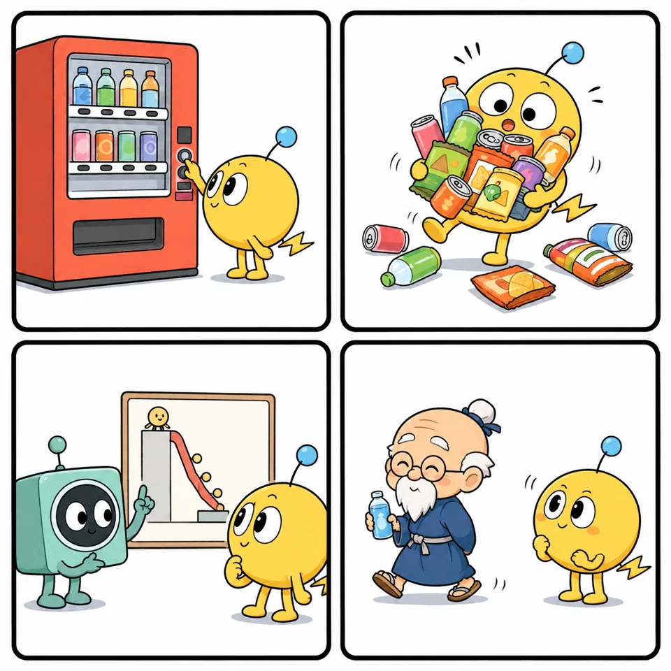 止まらない自販機（4コマ漫画）